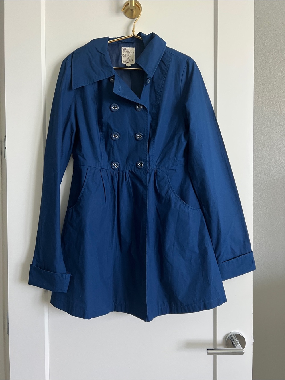 Anthropologie Tulle Royal Blue Double Breasted Cotton Trench Coat Jacket Large - Picture 7 of 16